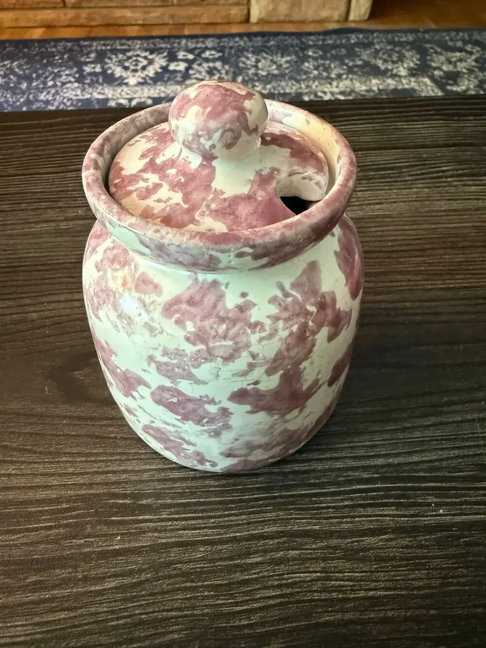 Vintage Handmade Pottery Rose Spongeware Glaze Sugar Bowl